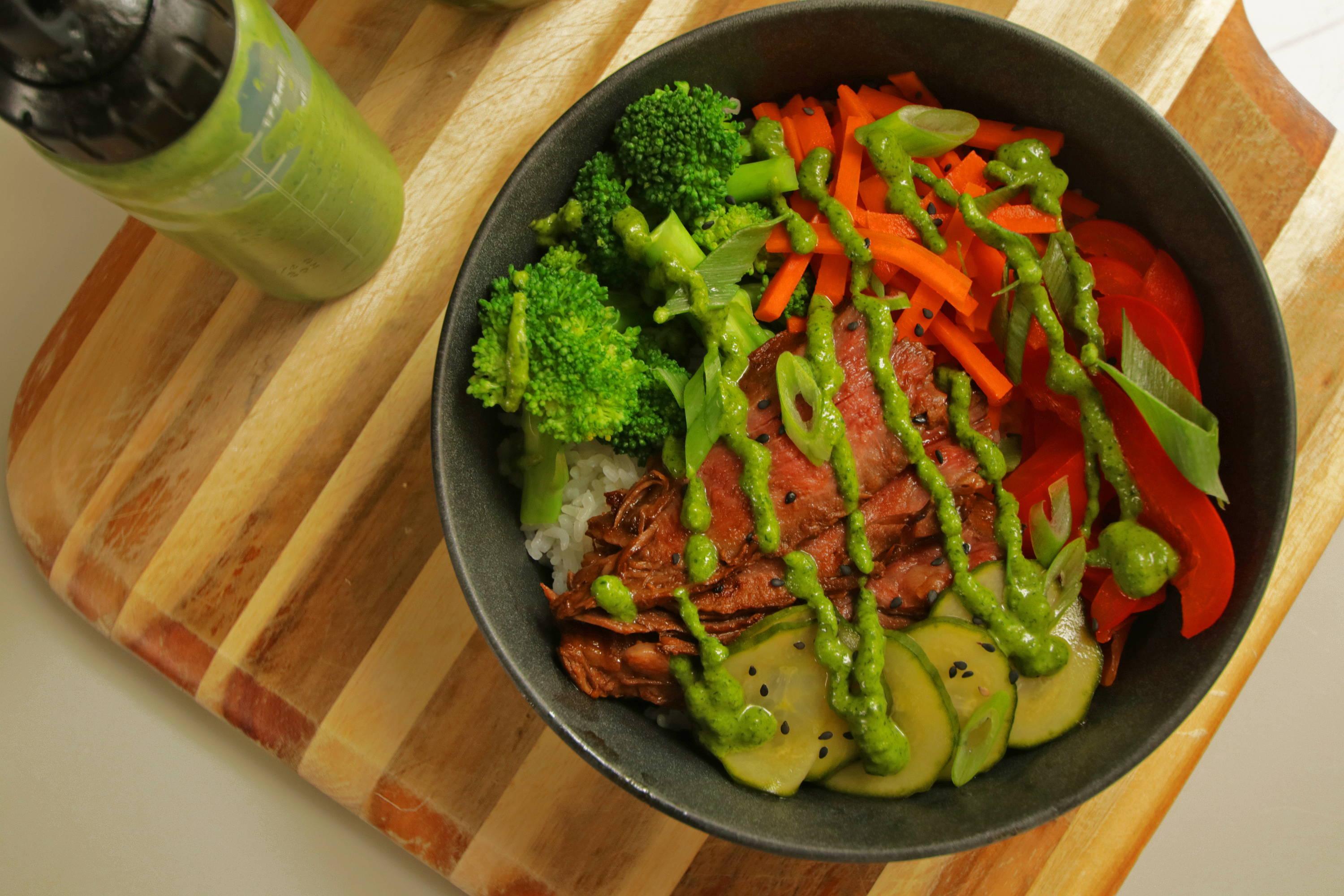 Healthy Wagyu Flank Steak and Fresh Vegetable Bowl with Browsey Acres Fresh Miso Ginger Green Sauce