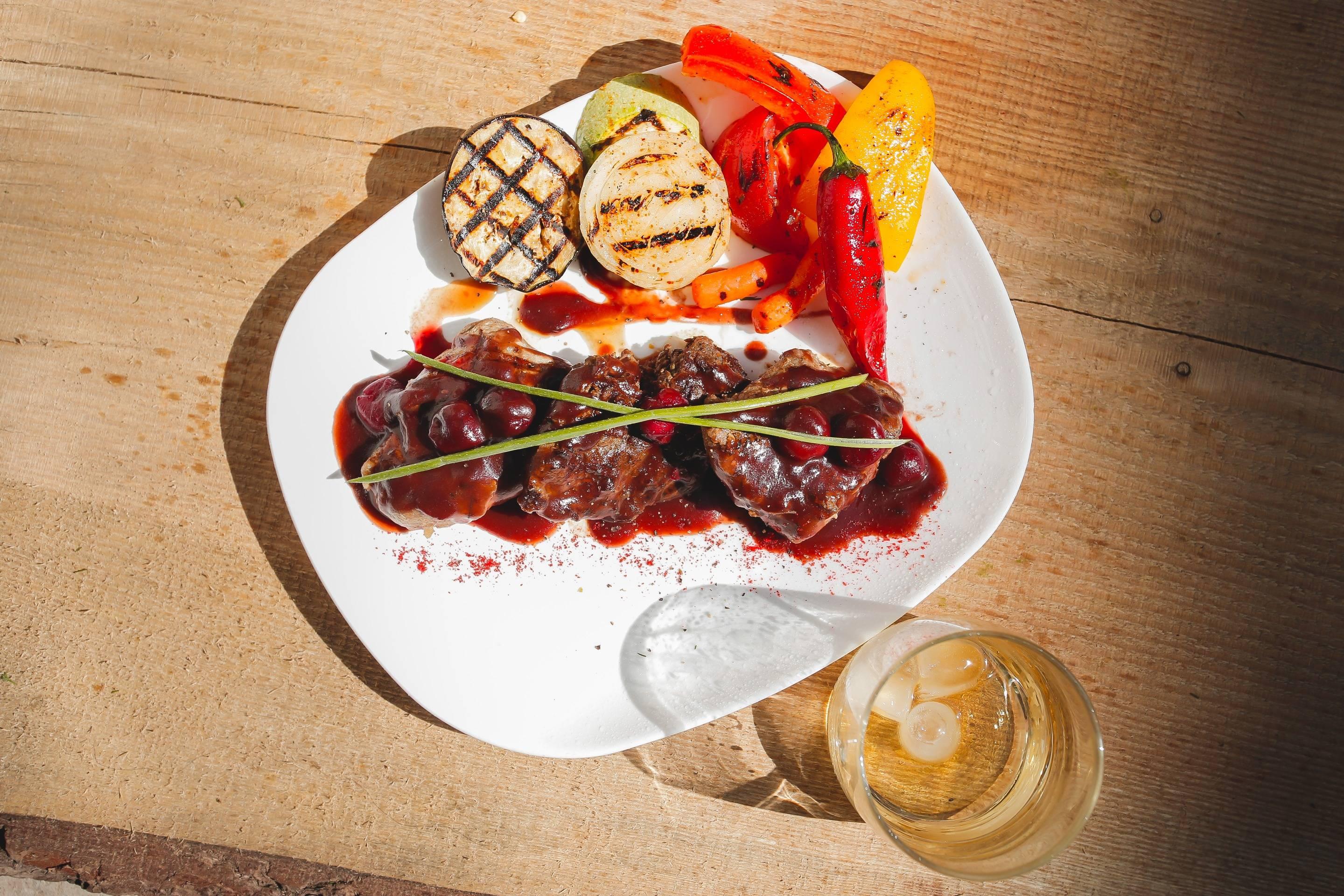 Wagyu Sirloin Steak Medallions with Mushrooms and Cherry Sauce