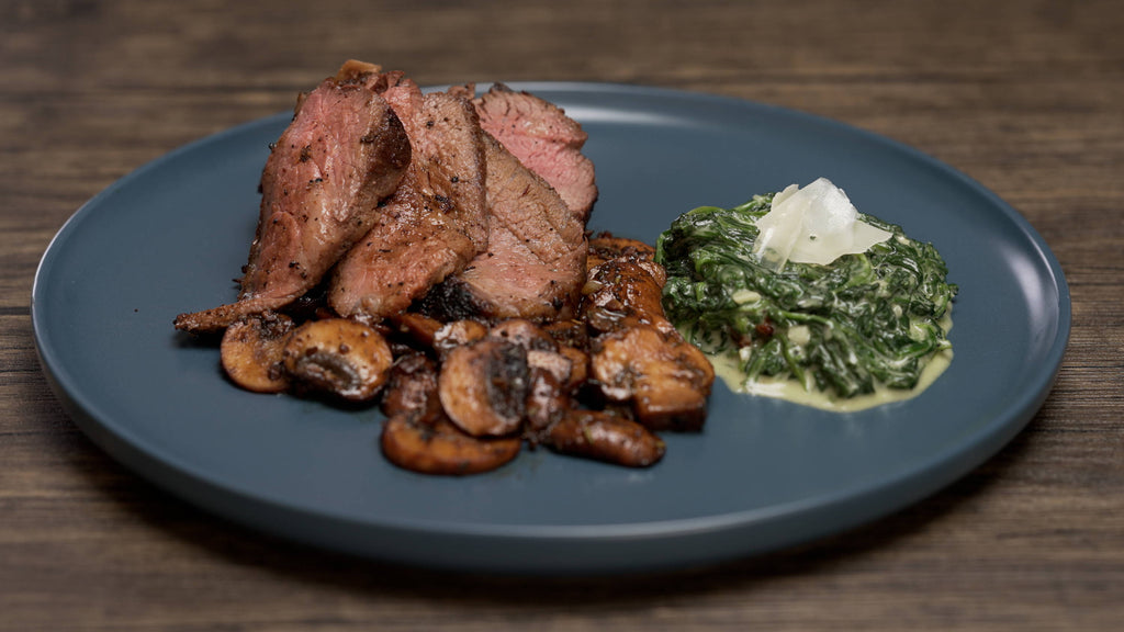 Pan-Seared Wagyu Tri-Tip Steak with Sautéed Mushrooms and Steakhouse Creamed Spinach
